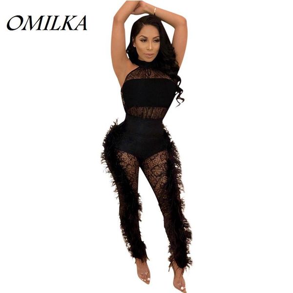 women's jumpsuits & rompers omilka hollow out feather lace bodycon and 2021 spring women sleeveless stand neck black club party overall, Black;white 
women's jumpsuits & rompers omilka hollow out feather lace bodycon and 2021 spring women sleeveless stand neck black club party overall, Black;white