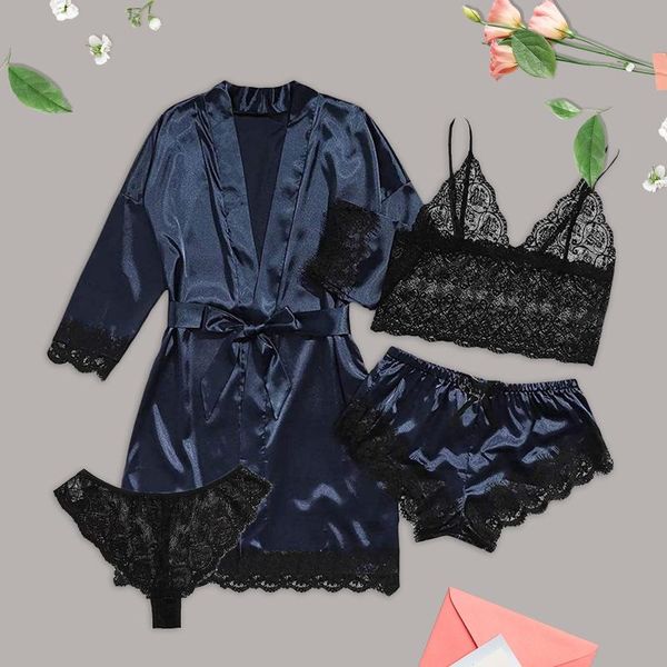 women's sleepwear 4 pieces nightwear robe sets women faux silk pajamas elegant lace gown casual home clothes #g4, Black;red
women's sleepwear 4 pieces nightwear robe sets women faux silk pajamas elegant lace gown casual home clothes #g4, Black;red