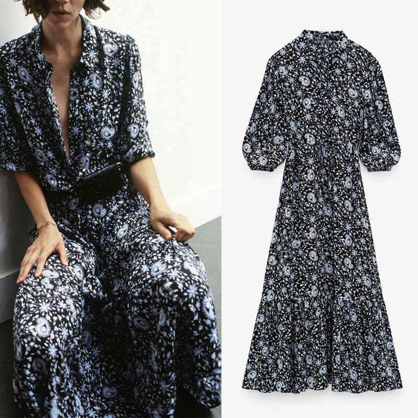 za dress vintage floral printed ruffled hem long women fashion adjustable drawstring belt polo-style buttons es 210513, Black;gray
za dress vintage floral printed ruffled hem long women fashion adjustable drawstring belt polo-style buttons es 210513, Black;gray