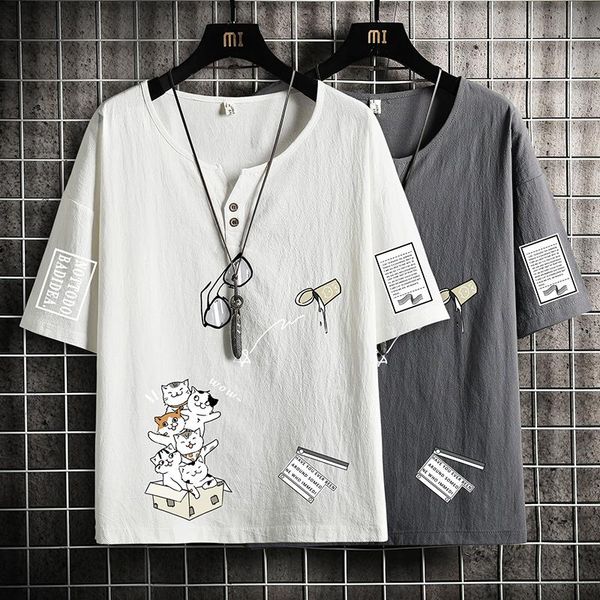 men's t-shirts short sleeve linen t shirt 2021 summer white black tshirt tees chinese fashion clothes oversize 4xl 5xl o neck