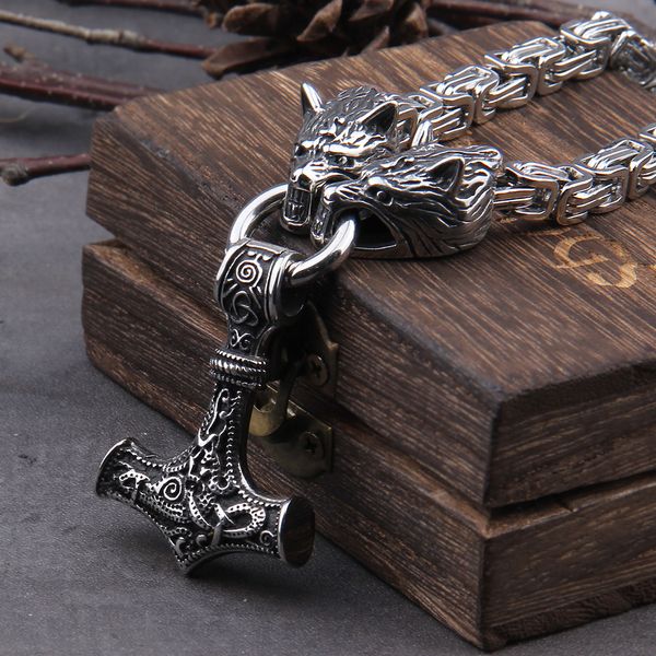 stainless steel wolf head with square chain necklace thors hammer mjolnir viking necklace with wooden box as boyfriend gift, Silver
stainless steel wolf head with square chain necklace thors hammer mjolnir viking necklace with wooden box as boyfriend gift, Silver