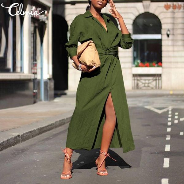 women's long sleeve dress celmia elegant dresses casual loose lapel split party vestidos 2021 fashion plus size belted robe, Black;gray
women's long sleeve dress celmia elegant dresses casual loose lapel split party vestidos 2021 fashion plus size belted robe, Black;gray