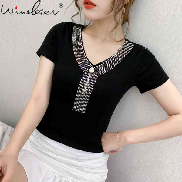 women's t-shirt summer fashion european clothes t-shirt v-neck diamonds cotton women ropa mujer patchwork back tees all, White
women's t-shirt summer fashion european clothes t-shirt v-neck diamonds cotton women ropa mujer patchwork back tees all, White