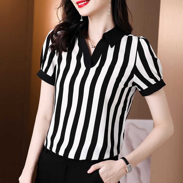 black and white stripe shirts with short sleeves female temperament of professional fashion brim summer shirt satin thin section 210531
black and white stripe shirts with short sleeves female temperament of professional fashion brim summer shirt satin thin section 210531