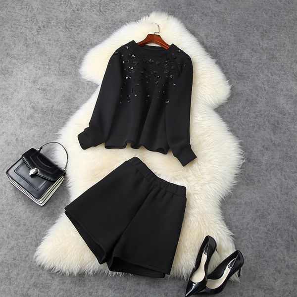 women's tracksuits fall winter long sleeve round neck black pure color beaded sweatshirt + elastic waist shorts two piece suits 2 piece, Gray
women's tracksuits fall winter long sleeve round neck black pure color beaded sweatshirt + elastic waist shorts two piece suits 2 piece, Gray