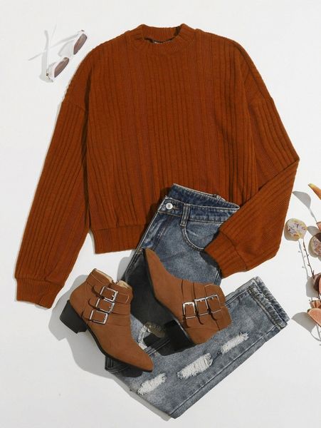 drop shoulder rib-knit solid pullover t8l7#, White;black
drop shoulder rib-knit solid pullover t8l7#, White;black