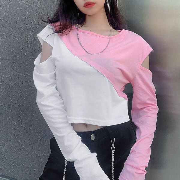 women's t-shirt long sleeve women spring and autumn stitching cutout short navy top, White
women's t-shirt long sleeve women spring and autumn stitching cutout short navy top, White