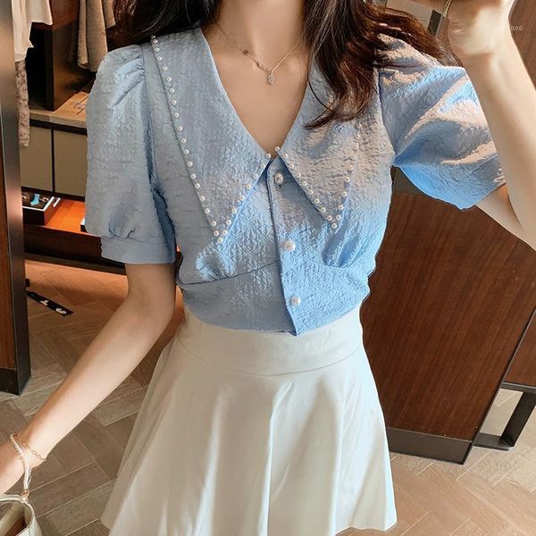 women's blouses & shirts korean fashion beading turn-down collar women chiffon blouse summer blue puff sleeve office ladies elegant, White
women's blouses & shirts korean fashion beading turn-down collar women chiffon blouse summer blue puff sleeve office ladies elegant, White