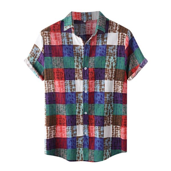 men's casual shirts summer shirt plaid print short sleeve for men contrast turn-down collar button up blouse chemise homme, White;black 
men's casual shirts summer shirt plaid print short sleeve for men contrast turn-down collar button up blouse chemise homme, White;black