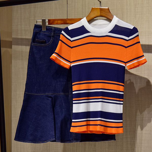 high spring fashion of two female garments elegant mesh striped designers and skirt denim suit sets, Black
high spring fashion of two female garments elegant mesh striped designers and skirt denim suit sets, Black