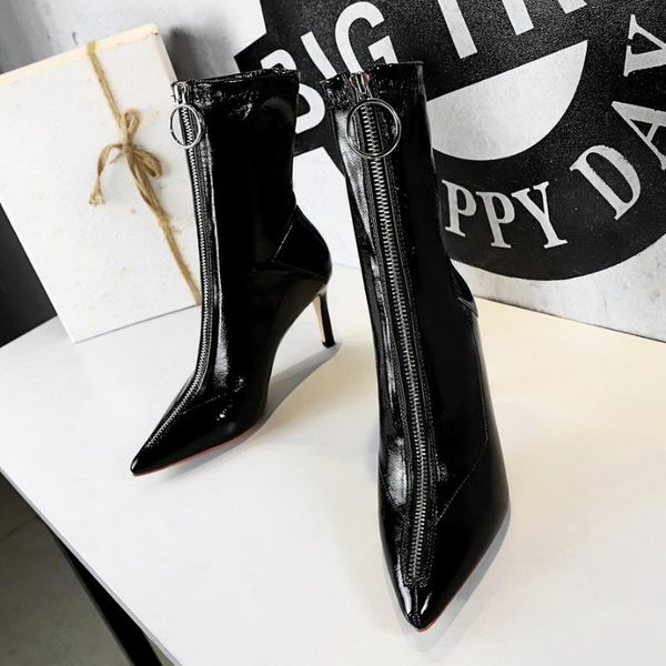 boots european and american style nightclub slim thin heels pointed high-heeled shiny patent leather front zipper, Black
boots european and american style nightclub slim thin heels pointed high-heeled shiny patent leather front zipper, Black