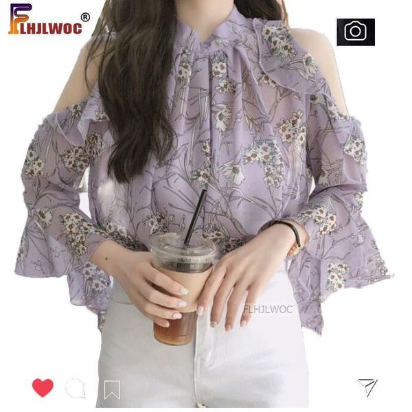 blouses shirts women korean style design purple black chiffon floral printed open off shoulder blouse, White
blouses shirts women korean style design purple black chiffon floral printed open off shoulder blouse, White