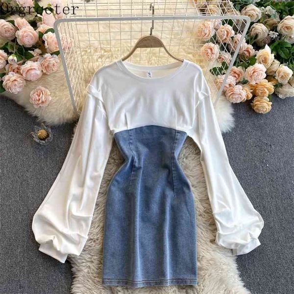 simple design spring fall o-neck puff sleeve chic color contrast stitching denim mini dress for women casual short dresses 210602, White
simple design spring fall o-neck puff sleeve chic color contrast stitching denim mini dress for women casual short dresses 210602, White