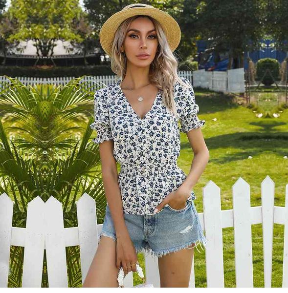 for women's fashion v neck flared short sleeve printed chiffon waist floral blouses female spring summer new 210413, White
for women's fashion v neck flared short sleeve printed chiffon waist floral blouses female spring summer new 210413, White