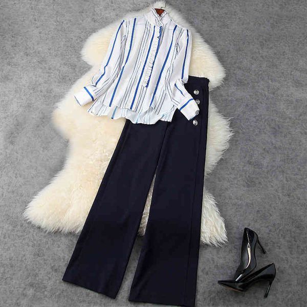 women's two piece pants spring long sleeve round neck blue striped blouse + buttons high waist wide leg trousers suits 2 s set lj111177, White
women's two piece pants spring long sleeve round neck blue striped blouse + buttons high waist wide leg trousers suits 2 s set lj111177, White