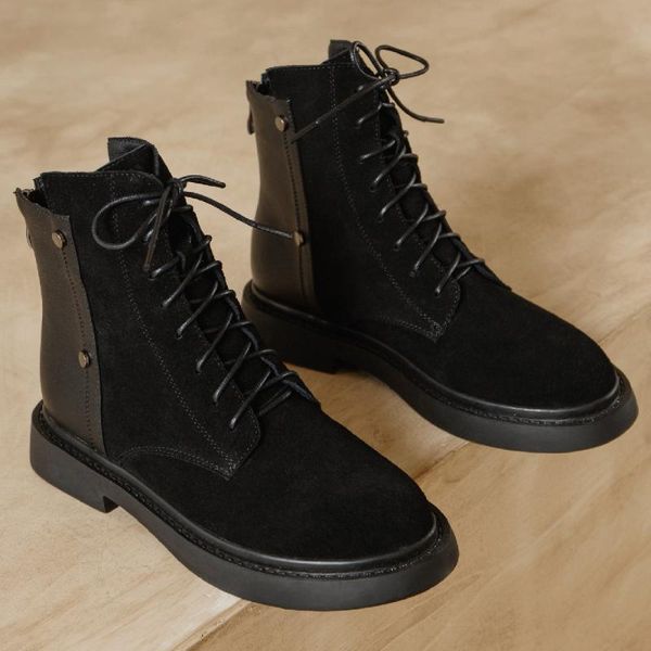 women's natural suede leather patchwork rivet decoration autumn lace-up ankle boots round toe casual spring short booties, Black
women's natural suede leather patchwork rivet decoration autumn lace-up ankle boots round toe casual spring short booties, Black