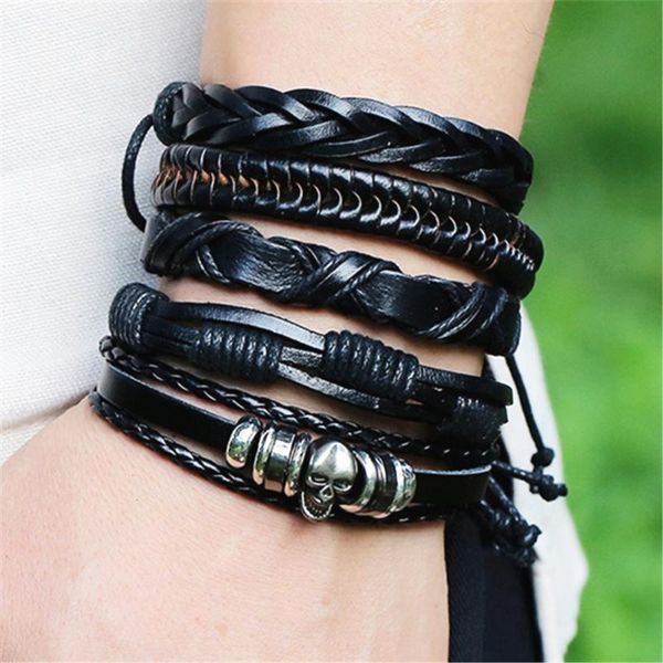 tennis skull braided handmade black real genuine leather bracelets 5pcs/set men women fashion jewelry accessories, Golden;silver
tennis skull braided handmade black real genuine leather bracelets 5pcs/set men women fashion jewelry accessories, Golden;silver