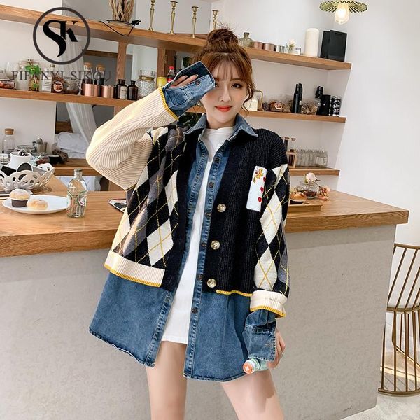 women's jackets korean style denim jacket women knitting spliced long sleeve jeans coat autumn fashion loose casual outerwear, Black;brown
women's jackets korean style denim jacket women knitting spliced long sleeve jeans coat autumn fashion loose casual outerwear, Black;brown