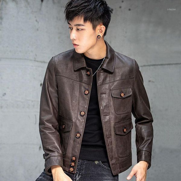 men's leather & faux high-end imported washed jacket men 's coat short lapels slim korean retro, Black
men's leather & faux high-end imported washed jacket men 's coat short lapels slim korean retro, Black