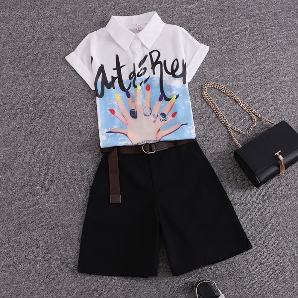 tracksuits summer 2 pieces suits girl print chiffon blouse shirt women + shorts two piece set tracksuit with belt, Gray
tracksuits summer 2 pieces suits girl print chiffon blouse shirt women + shorts two piece set tracksuit with belt, Gray