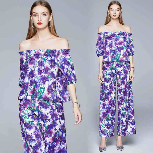 fashion violet flower print suit women off shoulder floral chiffon blouses + elastic waist wide-leg pant loose trouser set 210416, White
fashion violet flower print suit women off shoulder floral chiffon blouses + elastic waist wide-leg pant loose trouser set 210416, White