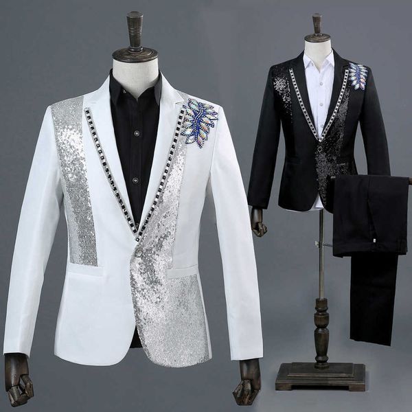 men's suits & blazers black white male suits a floral blazer button two pieces wedding jacket and diamond stage performance pants tmvj, White;black
men's suits & blazers black white male suits a floral blazer button two pieces wedding jacket and diamond stage performance pants tmvj, White;black