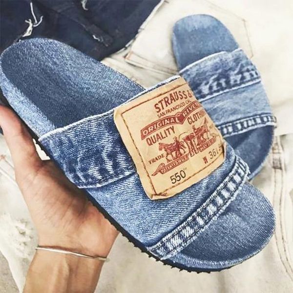 

Retro Denim Blue Women's slippers summer outdoor leisure style flat sandals fashion cool womens casual slide 35-42, Grey