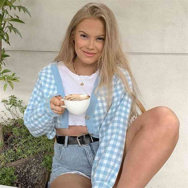 vintage plaid cropped cardigan women checkered pink lantern sleeve blue streetwear knitted winter 210427, White;black
vintage plaid cropped cardigan women checkered pink lantern sleeve blue streetwear knitted winter 210427, White;black