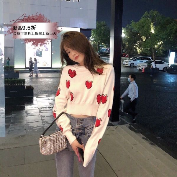 women's sweaters long sleeve sweater with a heart print knitted or crocheted short female hou1, White;black
women's sweaters long sleeve sweater with a heart print knitted or crocheted short female hou1, White;black