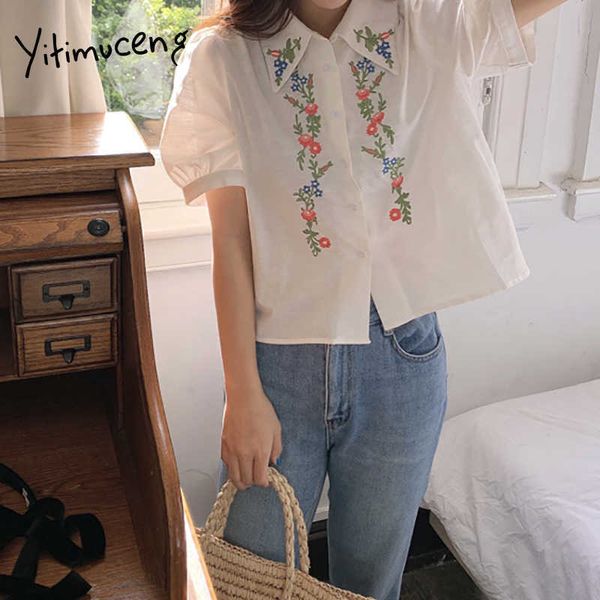 yitimuceng embroidery floral shirt women oversize button up korean fashion blouse short puff sleeve white blue summer 210601
yitimuceng embroidery floral shirt women oversize button up korean fashion blouse short puff sleeve white blue summer 210601