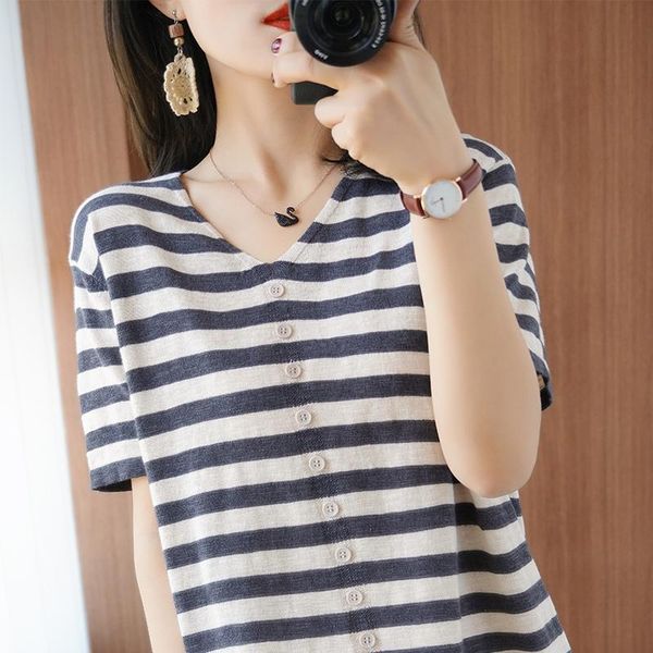 women's t-shirt 2021pure cotton thread v-neck striped knit short-sleeved button wild women summer large size color matching thin, White
women's t-shirt 2021pure cotton thread v-neck striped knit short-sleeved button wild women summer large size color matching thin, White
