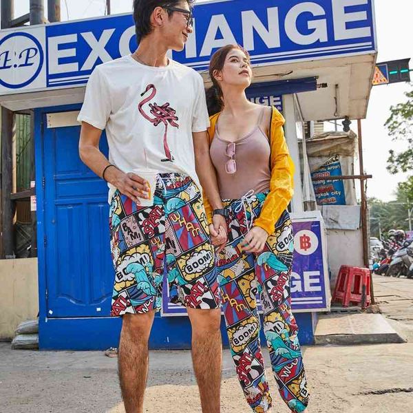 2021 summer women's style fake surf pants large print straight casual beach pants, White;black
2021 summer women's style fake surf pants large print straight casual beach pants, White;black