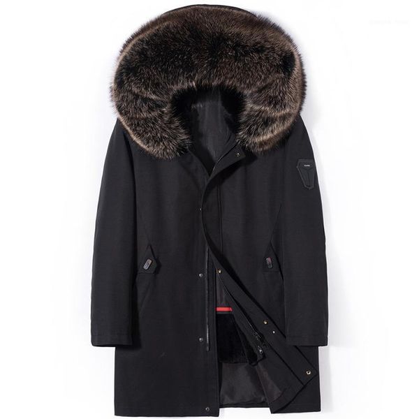 men's leather & faux parka medium long collar rex fur liner korean loose large coat, Black