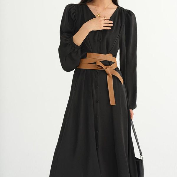 casual dresses elegant v neck drawstring slim waist spring office lady single breasted woman dress fashion vestidos with camis, Black;gray 
casual dresses elegant v neck drawstring slim waist spring office lady single breasted woman dress fashion vestidos with camis, Black;gray