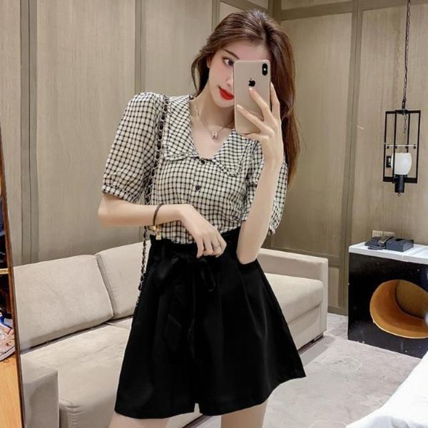 women spring summer casual slim suit female plaid puff sleeve shirt + high waist shorts 2 piece set ladies vintage g679 women's tracksu, Gray
women spring summer casual slim suit female plaid puff sleeve shirt + high waist shorts 2 piece set ladies vintage g679 women's tracksu, Gray