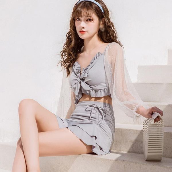 one-piece suits swimsuit women fashion korean style gathered mesh stitching sunscreen swimwear short female two-piece suit set 
one-piece suits swimsuit women fashion korean style gathered mesh stitching sunscreen swimwear short female two-piece suit set