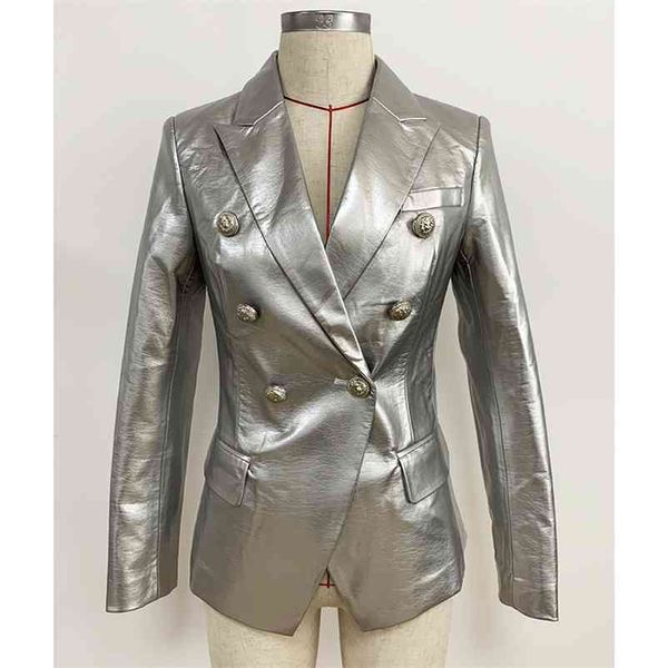 high street est designer stylish runway women's fashion lion buttons silver leather blazer jacket 210521, White;black
high street est designer stylish runway women's fashion lion buttons silver leather blazer jacket 210521, White;black