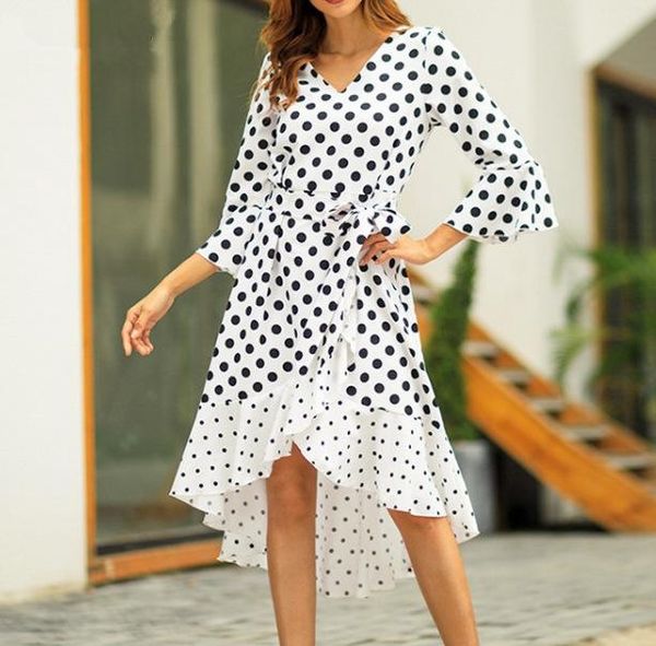 dot print flare sleeve irregular ruffles dress summer party lady clothing v-neck lace-up tunic three quarter swing casual dresses, Black;gray
dot print flare sleeve irregular ruffles dress summer party lady clothing v-neck lace-up tunic three quarter swing casual dresses, Black;gray