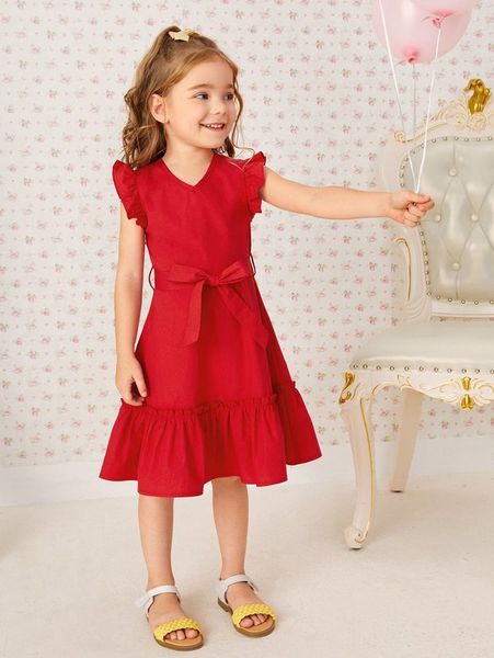 toddler girls butterfly sleeve belted dress she, Red;yellow 
toddler girls butterfly sleeve belted dress she, Red;yellow