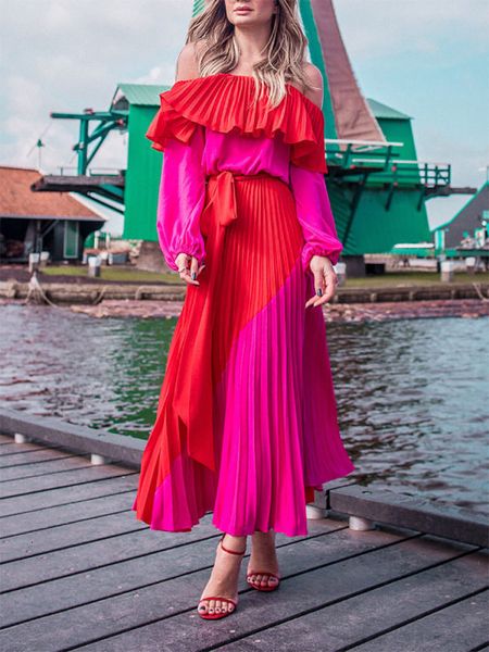 a line red women slash neck off the shoulder sleeve plus size summer dresses bandage patchwork pleated long party dress, Black;gray
a line red women slash neck off the shoulder sleeve plus size summer dresses bandage patchwork pleated long party dress, Black;gray