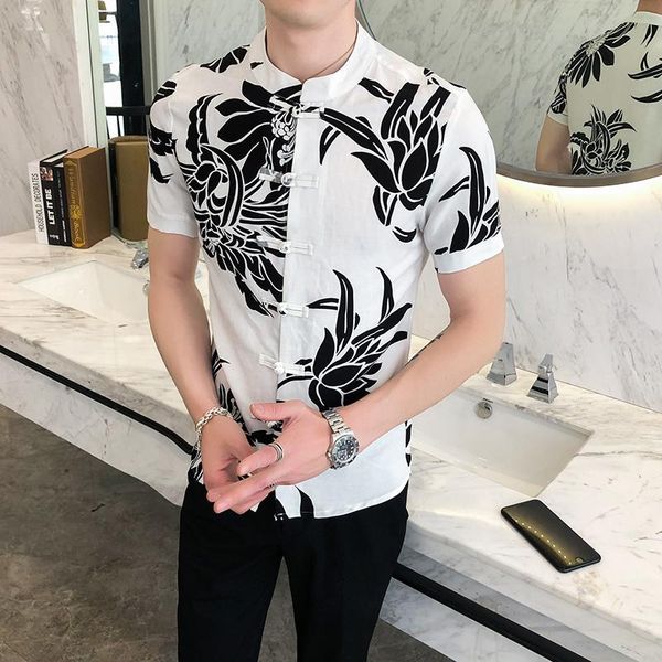 men's casual shirts chinese style buckle floral printed summer clothing retro trend shirt cardigan short sleeve men dress, White;black
men's casual shirts chinese style buckle floral printed summer clothing retro trend shirt cardigan short sleeve men dress, White;black