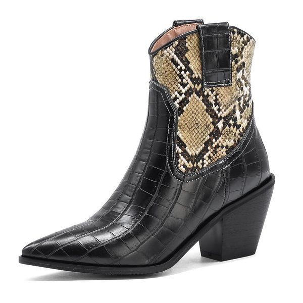 boots women's shoes trendy short western cowboy style stitching color matching pointed snake print thick heel, Black
boots women's shoes trendy short western cowboy style stitching color matching pointed snake print thick heel, Black