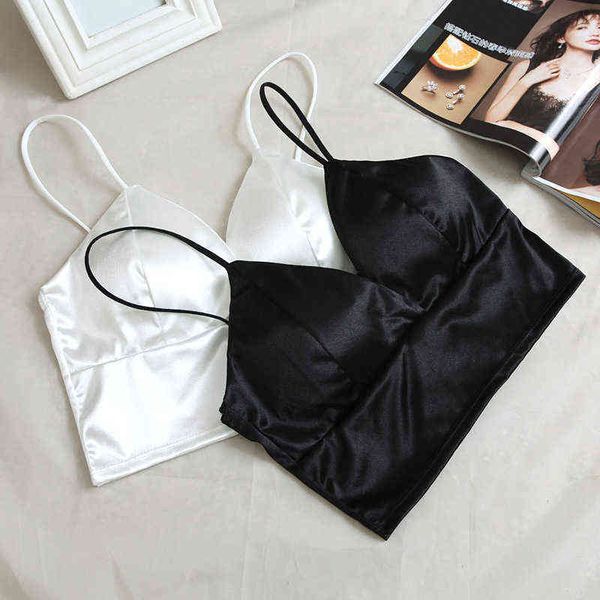 satin bralette crop women wireless crochet female t-shirt spaghetti strap cropped with chest padded sweater, White
satin bralette crop women wireless crochet female t-shirt spaghetti strap cropped with chest padded sweater, White