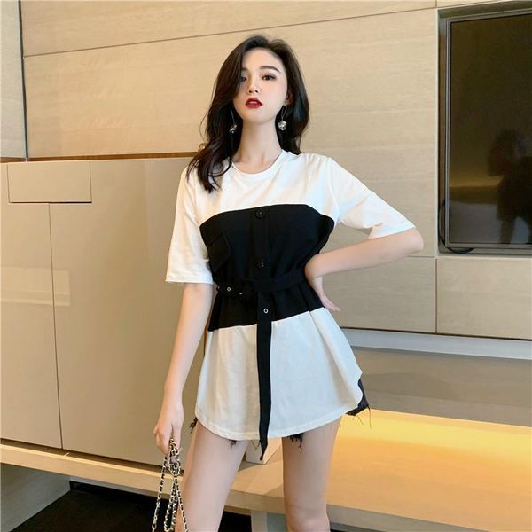 women's t-shirt fake two piece women short sleeve o-neck korean fashion summer cotton tee casual t shirt femme with belt y673, White
women's t-shirt fake two piece women short sleeve o-neck korean fashion summer cotton tee casual t shirt femme with belt y673, White