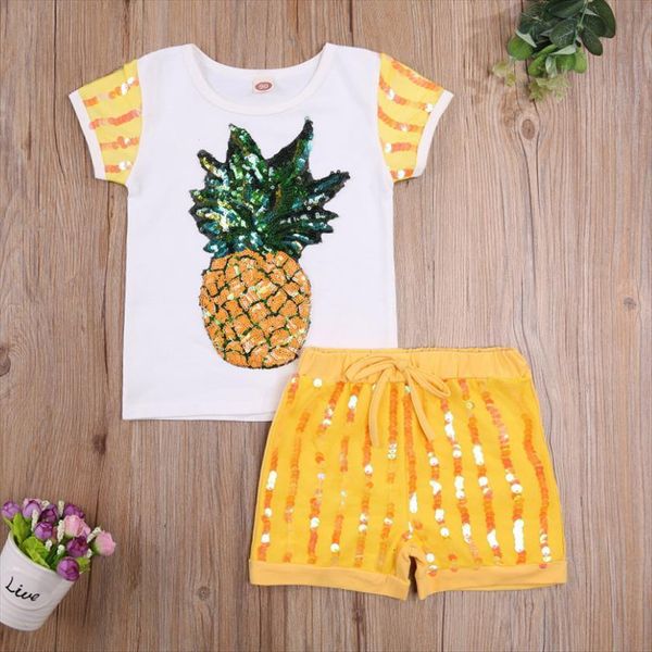 girls casual two piece clothes set summer yellow pineapple printed pattern round collar short sleeve and sequins shorts, White
girls casual two piece clothes set summer yellow pineapple printed pattern round collar short sleeve and sequins shorts, White