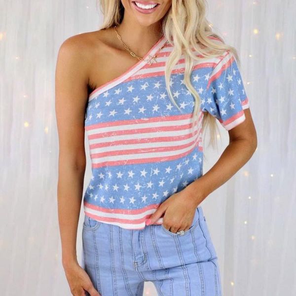 women's t-shirt summer stripe star stars short-sleeved skew collar casual vest, White
women's t-shirt summer stripe star stars short-sleeved skew collar casual vest, White