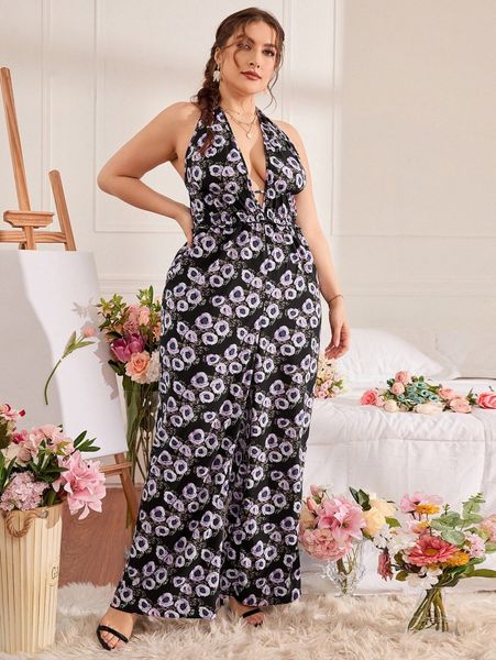 plus allover floral print plunging neck backless wide leg halter jumpsuit l8hs#, Black
plus allover floral print plunging neck backless wide leg halter jumpsuit l8hs#, Black