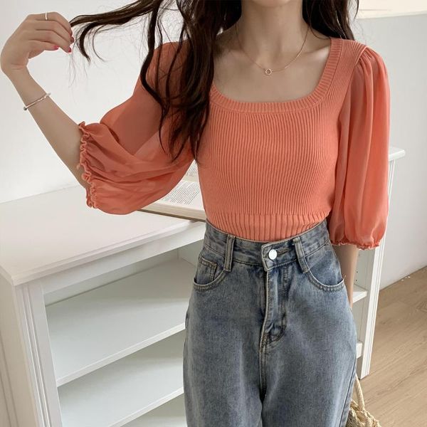 women's blouses & shirts summer women o-neck puff sleeve basic ruffles shirt lady short elastic slim waist pullover chiffon knitted chi, White
women's blouses & shirts summer women o-neck puff sleeve basic ruffles shirt lady short elastic slim waist pullover chiffon knitted chi, White