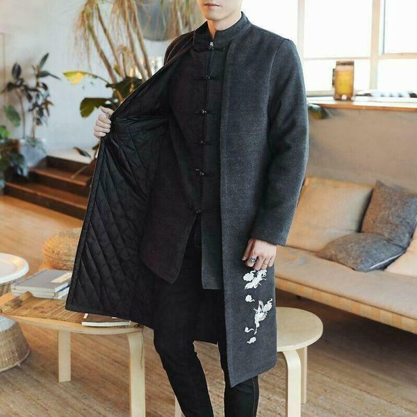 men's wool & blends chinese style embroidery woolen trench mid long coats cotton padded jacket c1, Black
men's wool & blends chinese style embroidery woolen trench mid long coats cotton padded jacket c1, Black