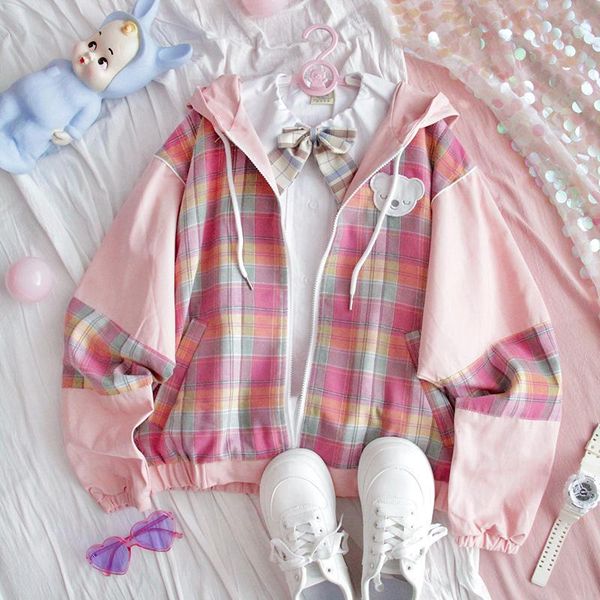 women's jackets spring autumn women japanese splice plaid coat college style young girl bat sleeve cute bear patch embroidery jacket mo, Black;brown
women's jackets spring autumn women japanese splice plaid coat college style young girl bat sleeve cute bear patch embroidery jacket mo, Black;brown